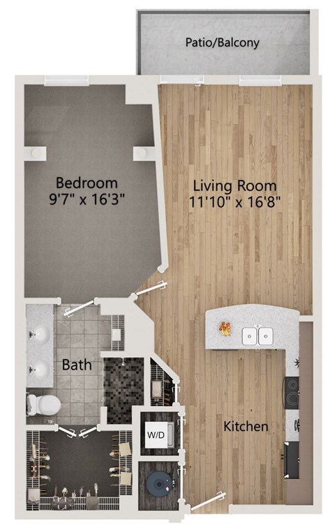 A floor plan of a small apartment with a bedroom, living room, kitchen, and bathroom.